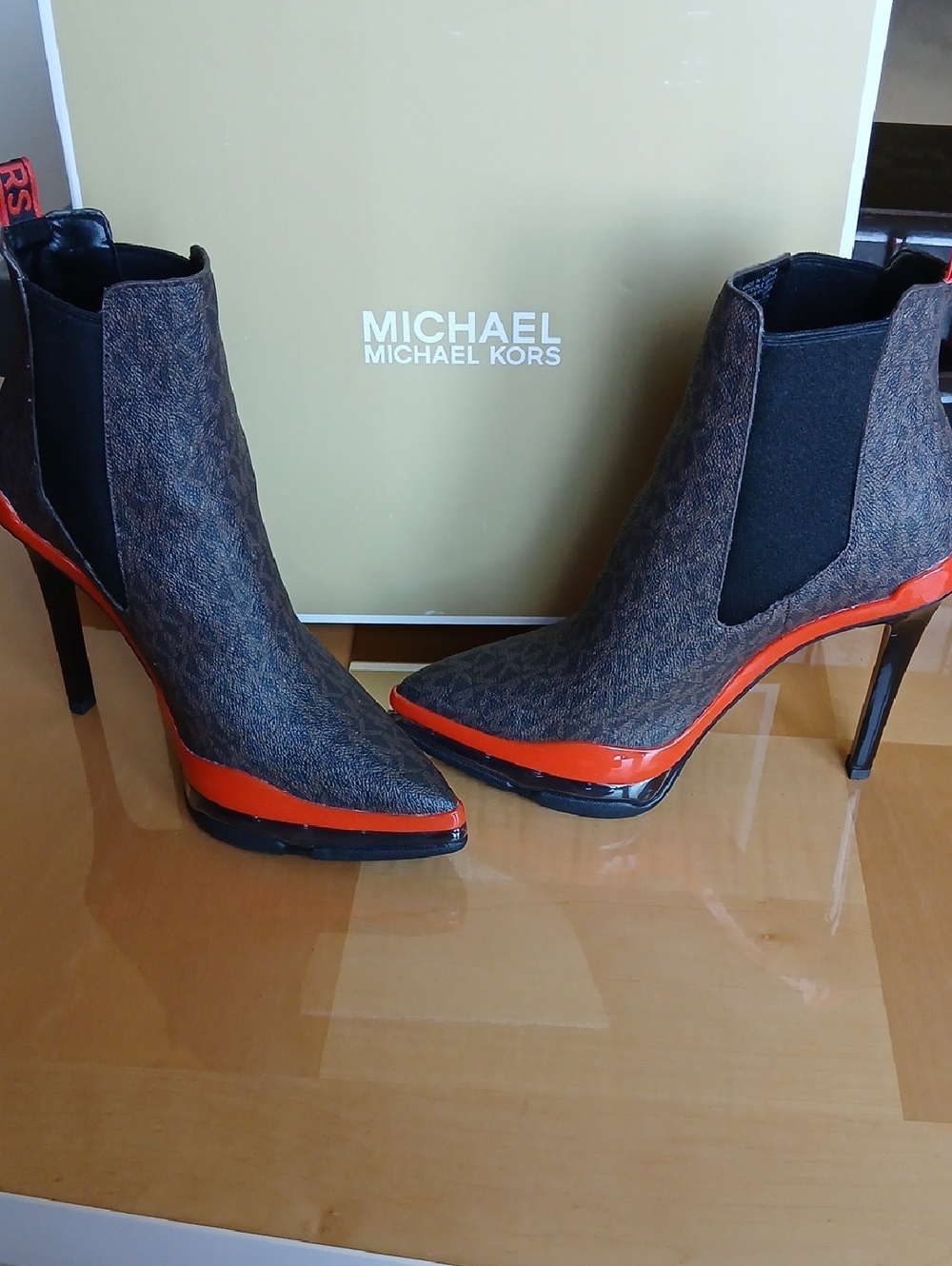 Michael Kors Brown Monogram Pointed Toe Heeled Chelsea Boots with Orange Trim